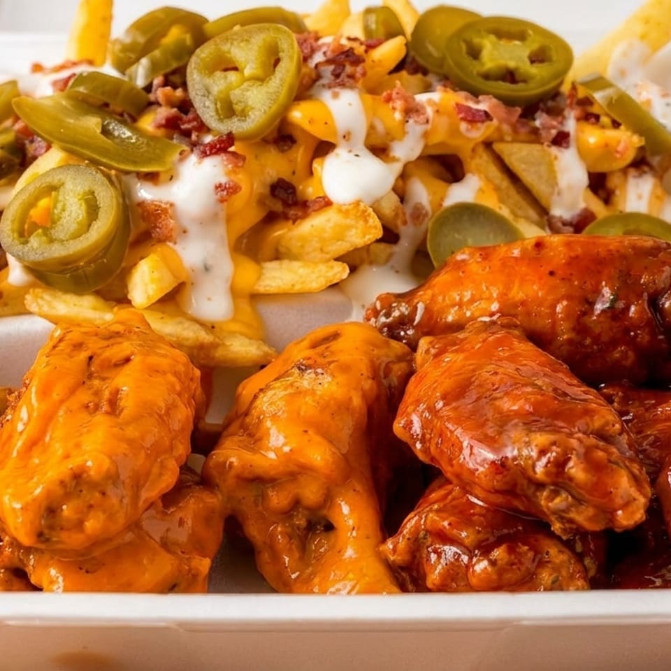 Spicy chicken wings and loaded fries with cheese, bacon, ranch, and jalapeños in a takeout container.