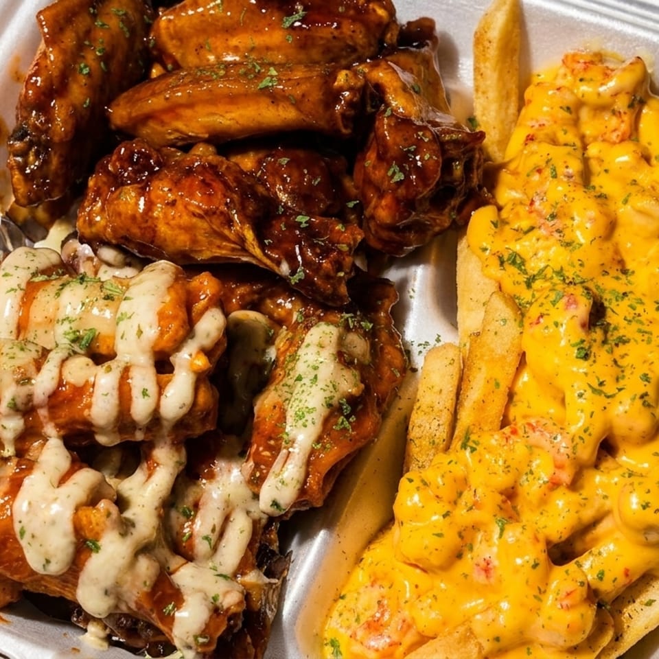 A takeout container with two sections of chicken wings, one with white sauce, and fries with cheese sauce.