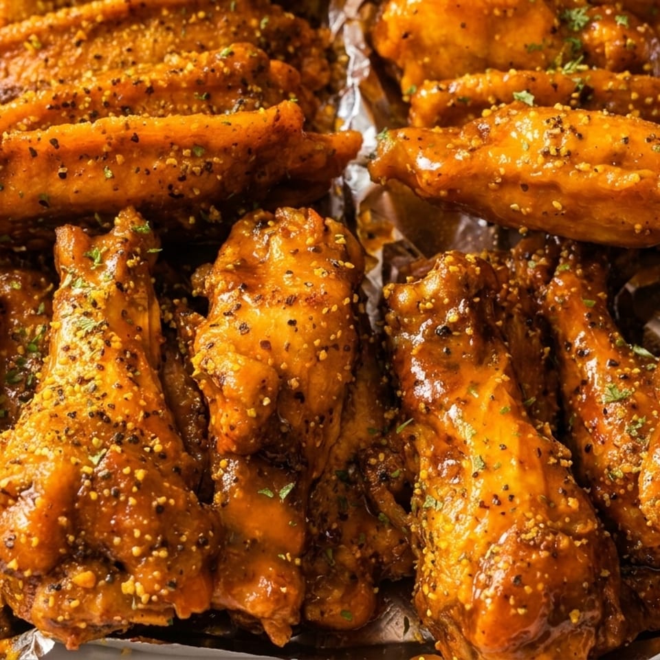 Close-up of golden-brown chicken wings coated in sauce and spices, served in a foil-lined tray.