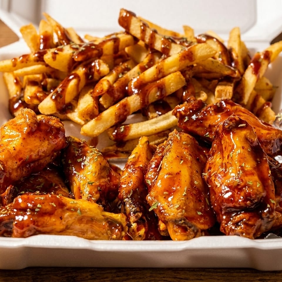 Takeout container filled with barbecue chicken wings and french fries drizzled with sauce.