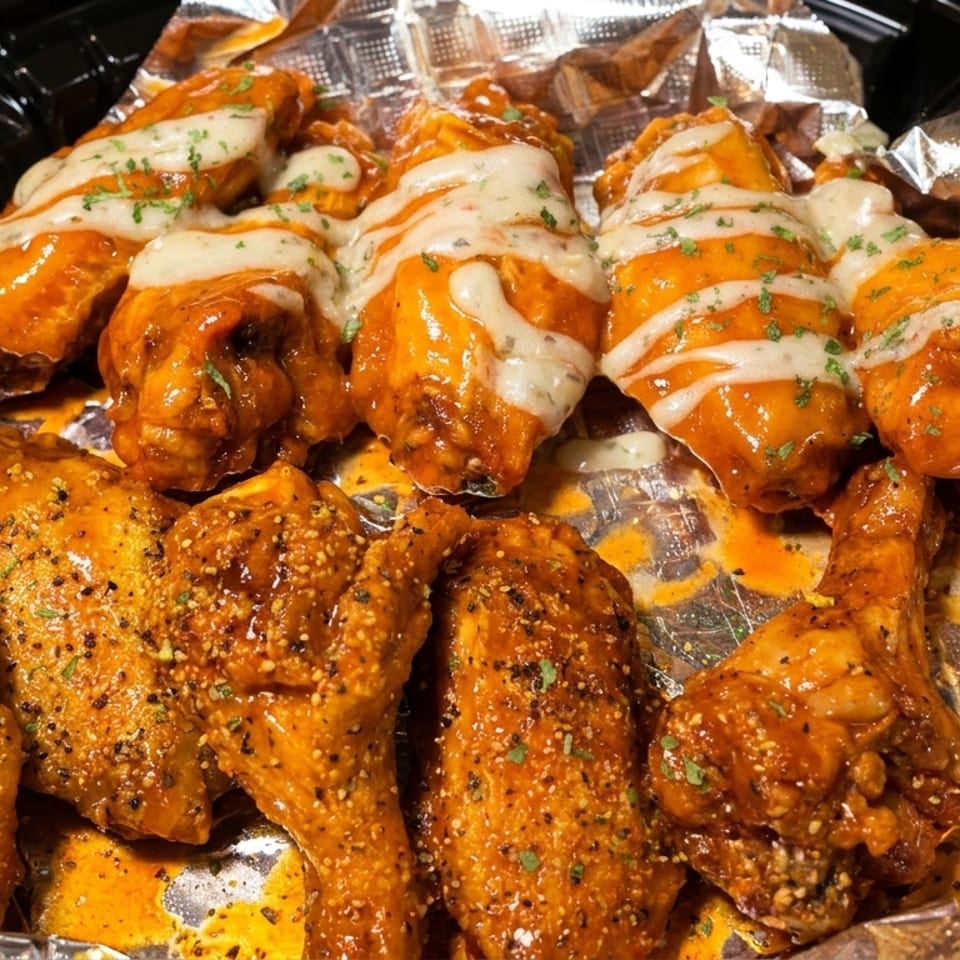 A black tray holds two rows of chicken wings, some drizzled with white sauce, others seasoned.