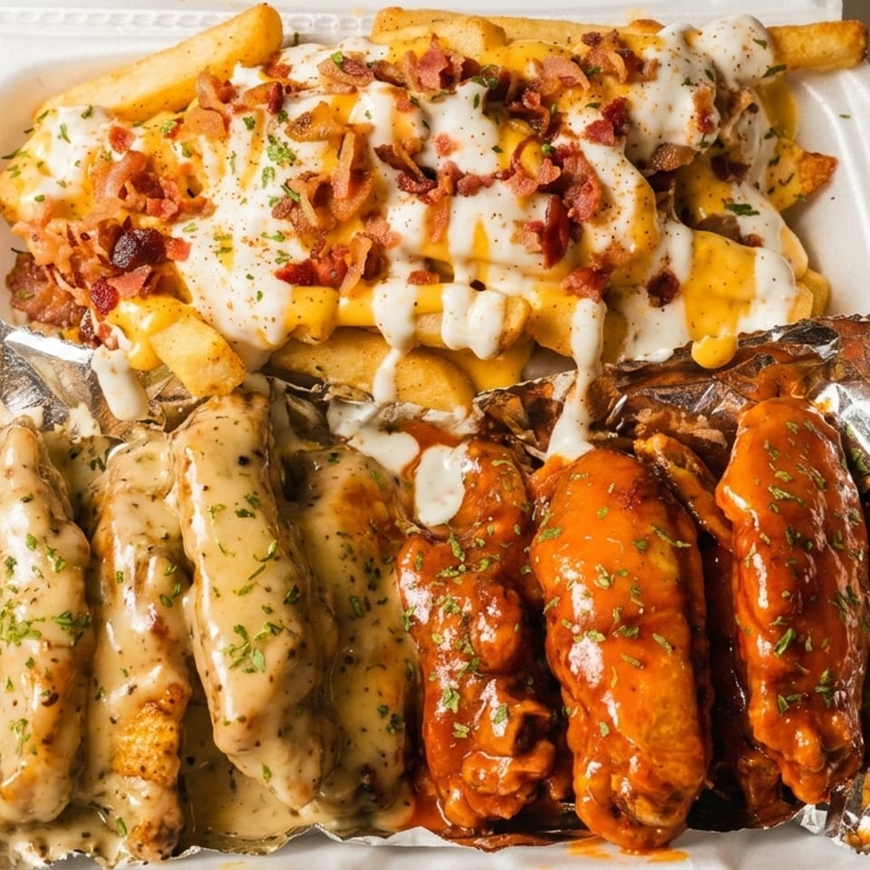 Loaded fries with cheese and bacon, alongside garlic parmesan and buffalo chicken wings in a takeout container.