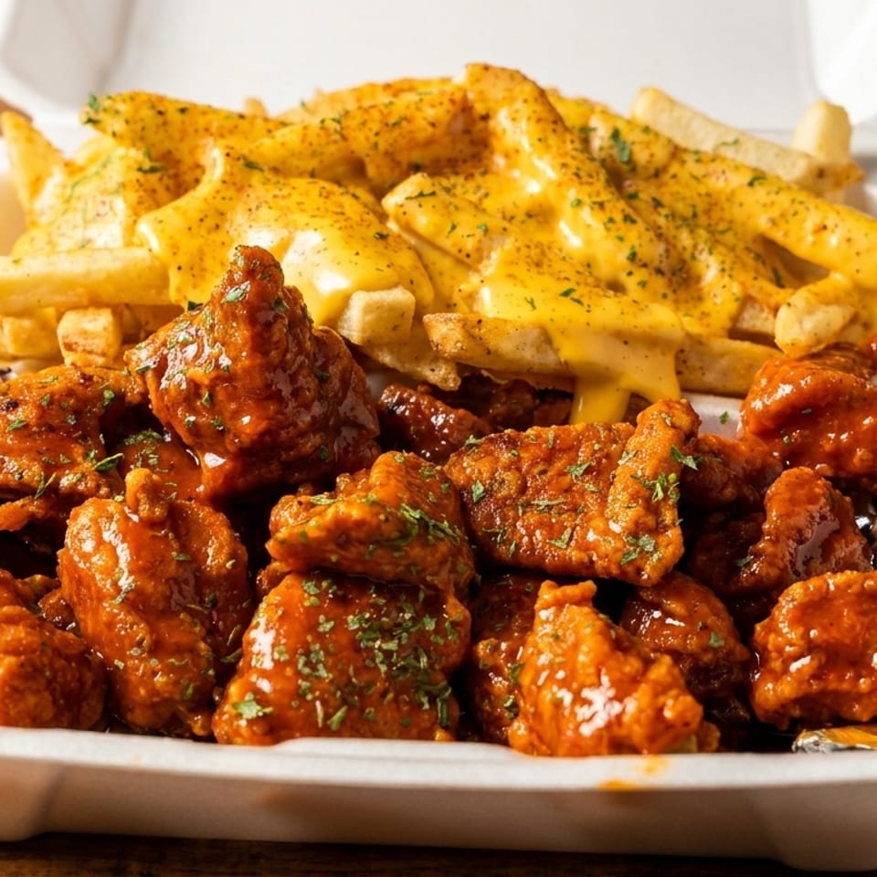 A white takeout container holds saucy boneless wings and cheesy fries on a wooden table.