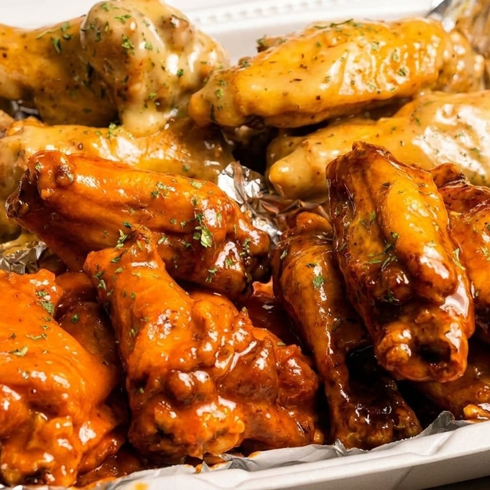 A takeout container filled with two kinds of chicken wings: buffalo and garlic parmesan.